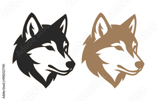 Minimalist wolf head vector icons, black and brown wolf mascot profile set, modern wildlife animal logo design for sports and outdoor branding