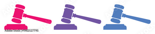 Judge gavel vector icons in pink purple and blue. Legal auction hammer set for justice and law concepts. Flat judicial mallet silhouettes for court.