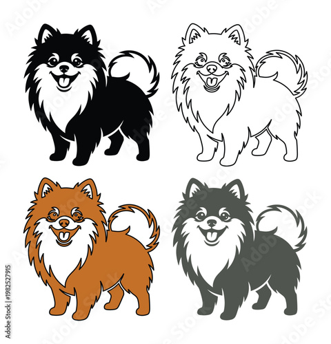 Pomeranian dog vector illustrations, set of 4 fluffy spitz breed icons, cute puppy mascot graphics in black, white, and orange colors
