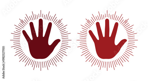 Red hand silhouette with sunburst rays, spiritual healing hand icons in dark red and maroon, mystical energy palm vector set for wellness branding