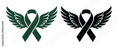 Awareness ribbon with angel wings vector set, green and black mourning ribbons for memorial and cancer support, funeral and tribute graphics