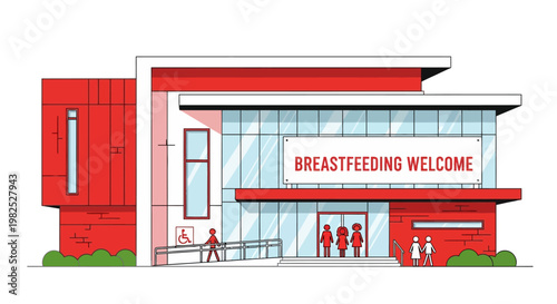 Modern architectural building exterior with breastfeeding welcome signage.