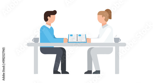 A man and a woman sit at a long table facing each other, sharing an open book and two cups of coffee in a clean, minimalist vector style.