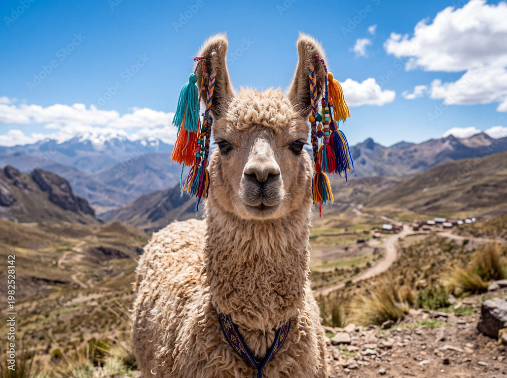 Fototapeta premium Close up portrait of llama with curious expression and colorful tassels