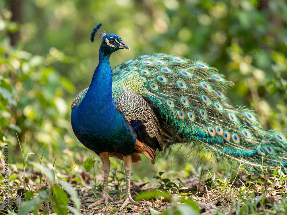 Fototapeta premium Majestic peacock with brilliant iridescent plumage and tail feathers