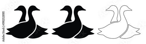 Minimalist swan logo icons, elegant bird silhouette vector set, black and white waterfowl graphic symbols for luxury branding and wedding stationery