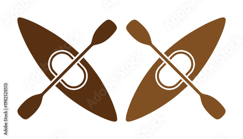 Minimalist kayak icons with paddles, brown rowing boat vector set, outdoor water sports equipment symbols isolated on white background