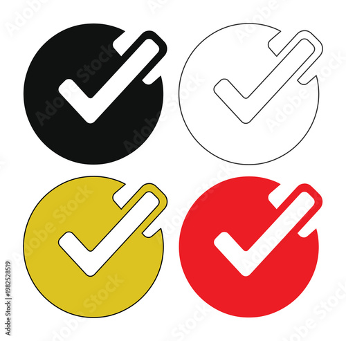 Minimalist check mark icon set in circular frames, 4 vector checkmark symbols in black, red, yellow and outline, approval and validation signs