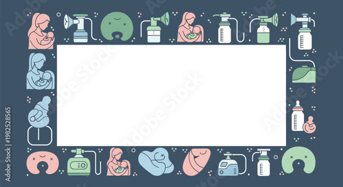Breastfeeding and baby care outline icons border frame.