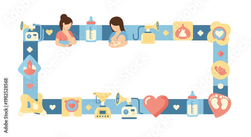 Baby care border frame with nursing icons.