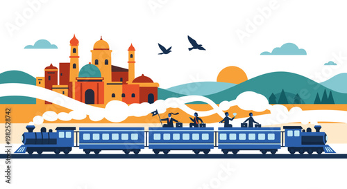 Vibrant illustration depicts a train journey through a colorful landscape, featuring a majestic castle, soaring birds, and passengers enjoying the ride with a setting sun, evoking