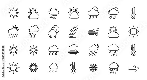 Weather icons collection in a minimalist style, featuring sun, clouds, rain, wind, and temperature elements, perfect for forecasting, weather apps, and educational materials.