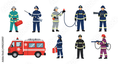 Firefighters in action, a vibrant depiction of heroism, featuring a fire truck, equipment, and brave individuals in protective gear, conveying emergency response and community