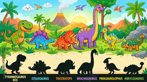 Colorful Cartoon Dinosaurs with Silhouettes