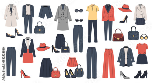 Fashionable women's clothing collection featuring elegant coats, stylish skirts, tailored pants, chic handbags, and sophisticated heels, rendered in a modern, flat-design style