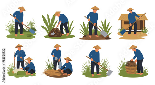 Asian farmer characters in various poses, working with tools and performing agricultural tasks, depicted with clean lines, vibrant colors, and a scalable vector illustration style