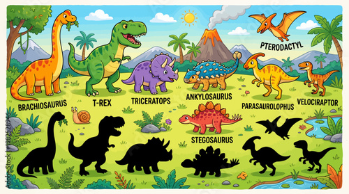 Colorful Cartoon Dinosaurs with Silhouettes