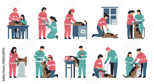 Compassionate veterinary professionals providing aid to injured canines in a series of colorful, flat-style illustrations, showcasing medical care and emergency response scenarios