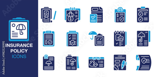 Insurance Policy icon set. Containing insurance, protection, policy, coverage, security and more. Solid vector icons collection. Vector illustration.