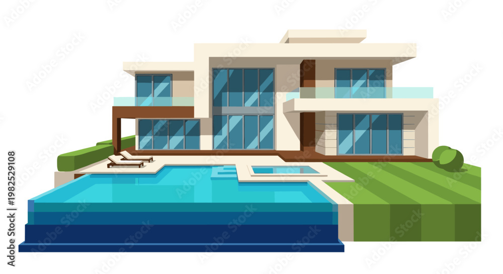 Fototapeta premium Luxurious modern home with a swimming pool, featuring clean lines, turquoise water, and a manicured lawn, evokes a sense of tranquility and contemporary living, suitable for real