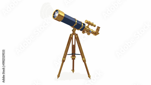 A vintage-style astronomical telescope on a tripod stand against a plain white background with a classic and scientific mood.