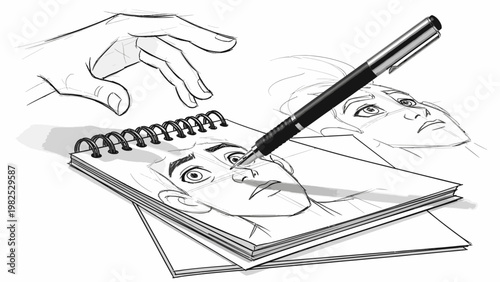 A hand drawing a face in a sketchbook with a pen on a white background in a simple, illustrative style.