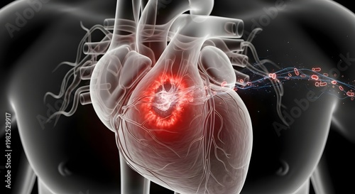 Medical Visualization of Endocarditis Showing Infected Heart Valve with Inflammation and Bacterial Damage Highlight