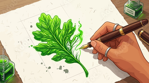 Creative Leaf Illustration Drawn with Fountain Pen and Green Ink