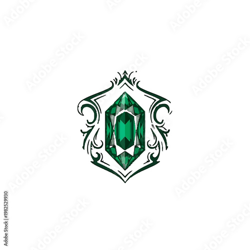 Emerald gemstone ornate crest emblem design.
