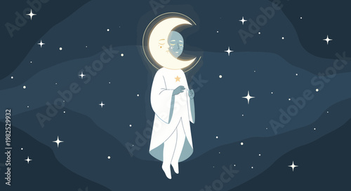 Woman wearing white dress standing under moon.