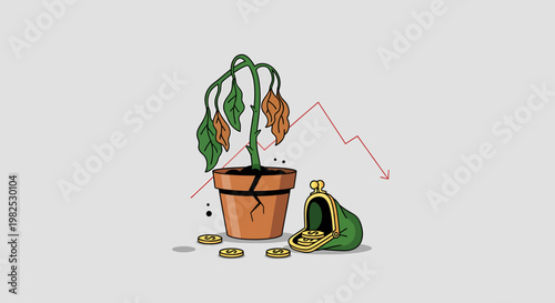 Wilting plant in cracked pot with coins.