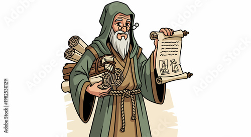 Wise old man with scroll and books.