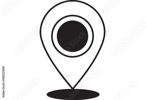 Map pin location icon with circular center and shadow base for navigation, cartography, and address marking