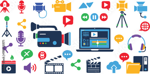 Colorful media production with laptop, camcorder, and microphones msea set