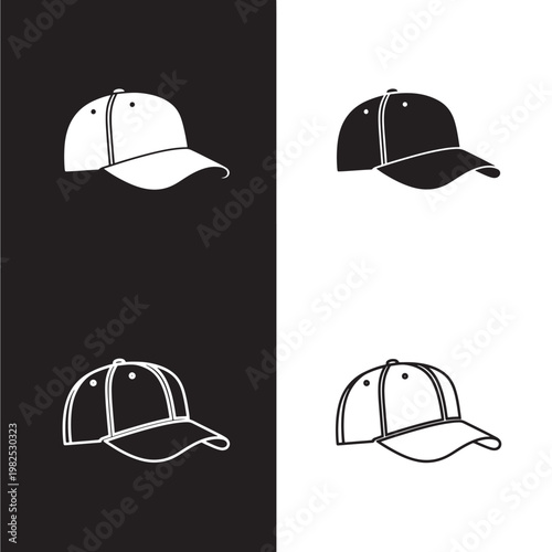 Cap hat icon with front brim, two-tone paneling, and stitched seam lines in minimalist vector style featuring monochrome, adjustable strap, snapback
