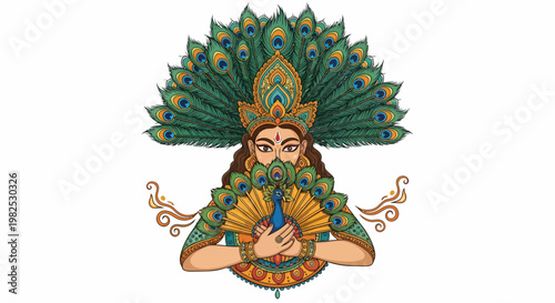 Woman wearing peacock feather headdress.