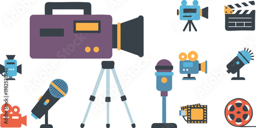 Flat set of filmmaking equipment, cameras, and audio gear msea set