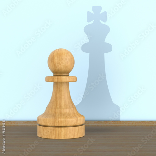 Chess pawn casting queen shadow. 3D illustration
