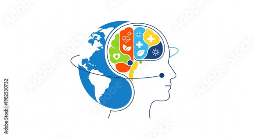 Human head silhouette with icons for healthy living and global wellness