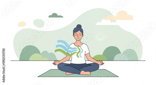 Woman practicing yoga and deep breathing exercises in nature illustration