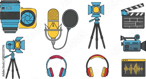 Media production equipment camera, microphone, lights and clapper msea set