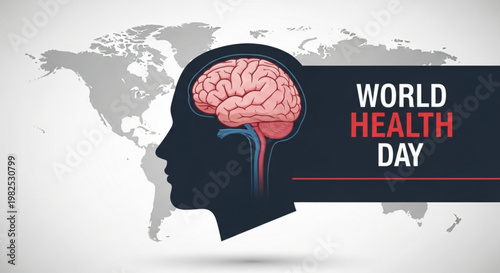 Human head profile with brain and world map background vector graphic
