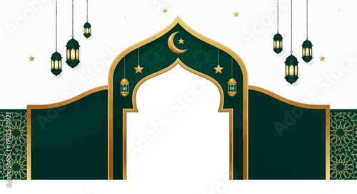 An ornate Islamic gate design, featuring a golden crescent moon and star, is presented with hanging lanterns against a clean white backdrop, creating a festive and celebratory mood