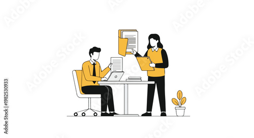 An office scene illustration featuring a man sitting at a desk with a laptop and a woman standing with a file folder and tablet in hand.