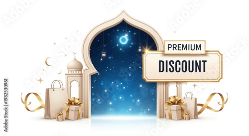 An ornate archway frames a starry night sky with a crescent moon, complemented by shopping bags and gifts, all beneath a 'Premium Discount' sign, conveying a festive and celebratory mood