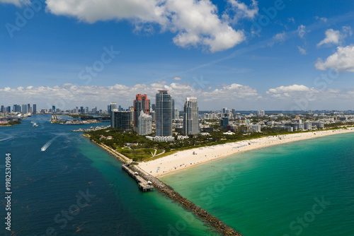 Miami cityscape with luxury skyscrapers and ocean. Panoramic view of Miami famous skyline. Miami Beach from above. Miami skyline from top.