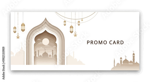 Elegant promotional card featuring a layered paper-cut design of a mosque silhouette viewed through an arched doorway, complemented by hanging lanterns and a crescent moon against a clean