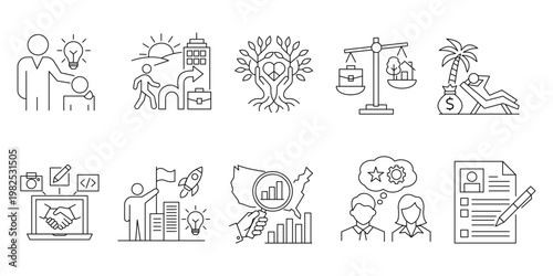 Mentorship icons with business coaching market analysis life balance and professional resume design.Editable stroke, Vector illustration, Line art Icon, Symbols.