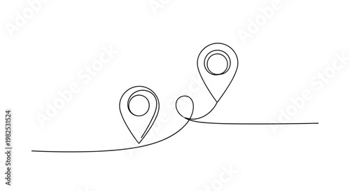 Single continuous line drawing of two location map pins connected by a curved path on a white background for travel concepts.