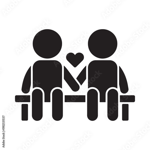 Two stylized figures are seated closely together with a heart symbol between their outstretched hands